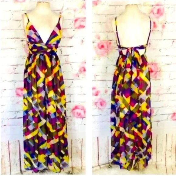 Moda International Women's Multi Color Halter Deep V-Neck Maxi Dress SZ S/P - Picture 1 of 9